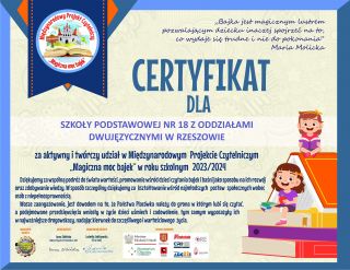 zdjęcie do artykułu: CERTYFIKAT W MIĘDZYNARODOWYM PROJEKCIE MAGICZNA MOC BAJEK